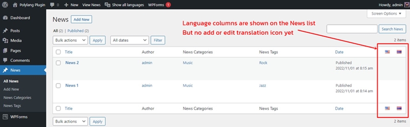 Language columns are shown on the custom post type and custom taxonomies page but no add or edit icon